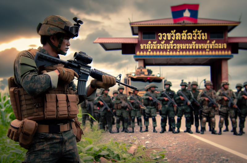 alt_text: Pasukan bersenjata berjaga di perbatasan Thailand-Kamboja, ketegangan meningkat.