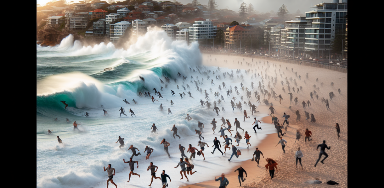 "alt_text": "Pantai Bondi dalam guncangan akibat ancaman teror global, orang berlarian panik."