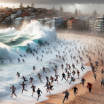 "alt_text": "Pantai Bondi dalam guncangan akibat ancaman teror global, orang berlarian panik."