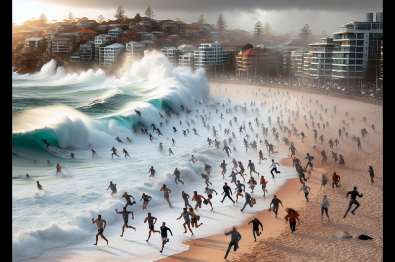 "alt_text": "Pantai Bondi dalam guncangan akibat ancaman teror global, orang berlarian panik."