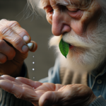 alt_text: Kakek berusia 86 tahun menguji aturan global dengan ludah dan daun di tangannya.