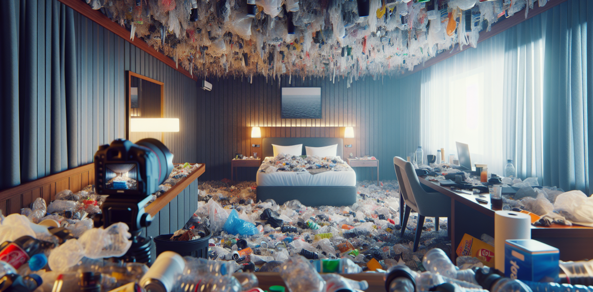 alt_text: Kamar hotel dipenuhi sampah, mencerminkan isu lingkungan dan polusi global.