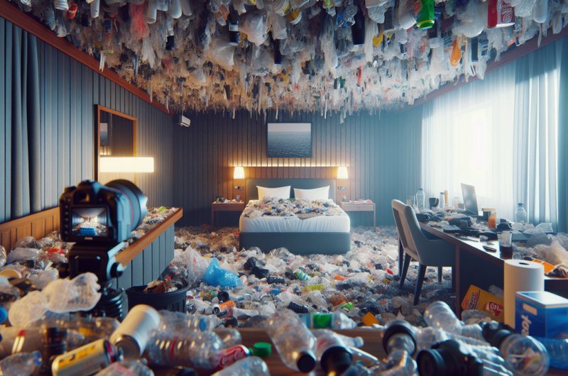 alt_text: Kamar hotel dipenuhi sampah, mencerminkan isu lingkungan dan polusi global.
