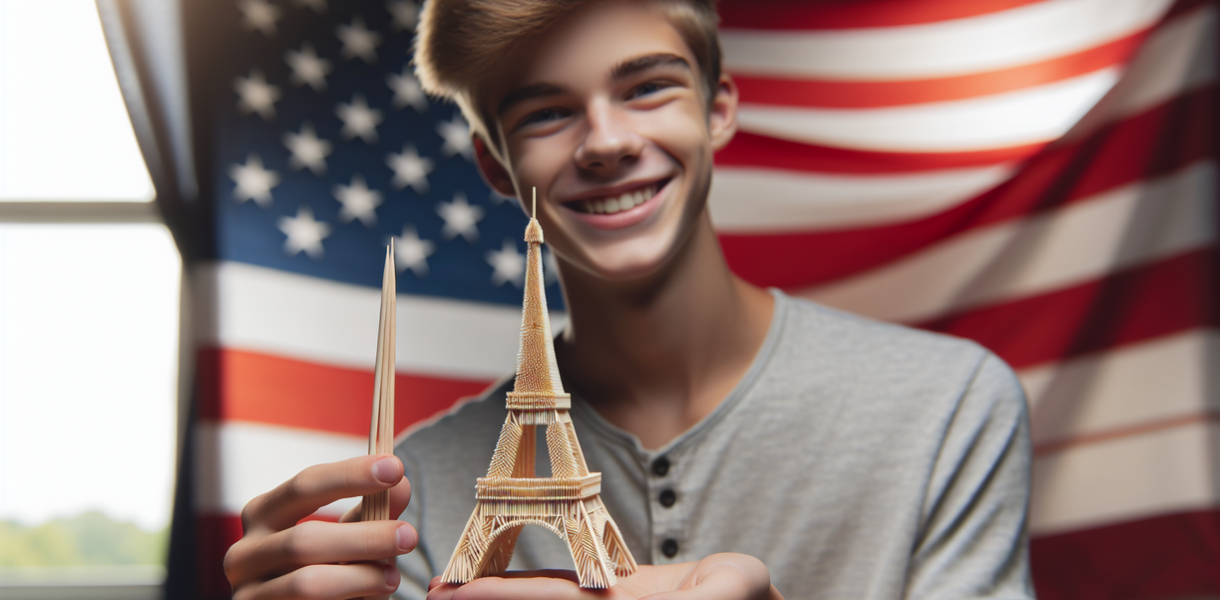 alt_text: Remaja AS menunjukkan replika Menara Eiffel yang terbuat dari tusuk gigi.