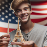 alt_text: Remaja AS menunjukkan replika Menara Eiffel yang terbuat dari tusuk gigi.