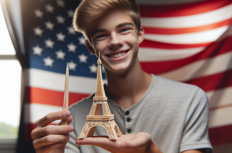 alt_text: Remaja AS menunjukkan replika Menara Eiffel yang terbuat dari tusuk gigi.