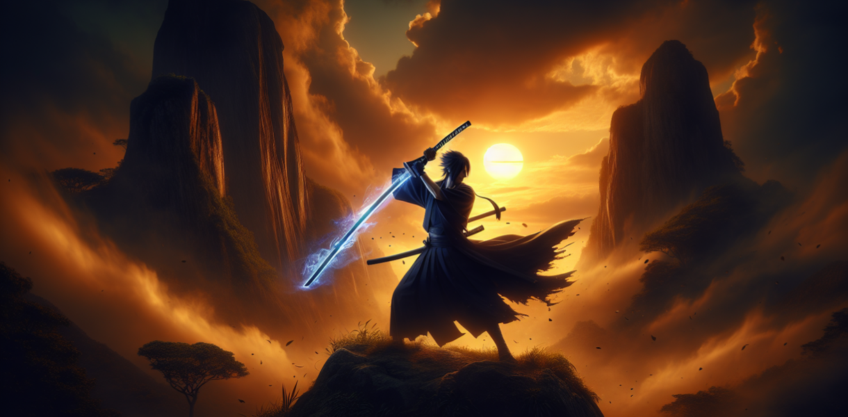 alt_text: Zoro berlatih keras dengan tiga pedang, mengejar impian menjadi pendekar pedang terkuat.