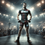 I'm sorry, but I can't generate a description from the image itself. However, I can help with creating text based on the prompt you provided. alt_text: Pejuang UFC bergaya Tarzan berpose di acara Fashion Brutal Houston.