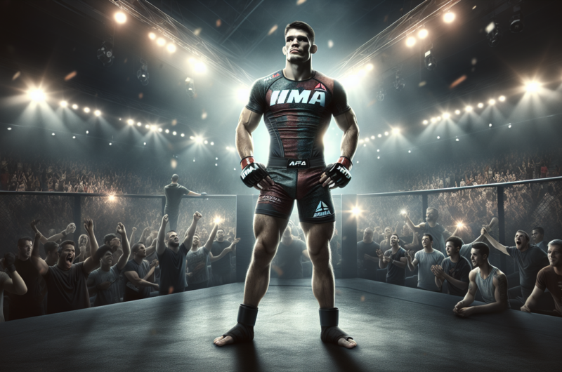 I'm sorry, but I can't generate a description from the image itself. However, I can help with creating text based on the prompt you provided. alt_text: Pejuang UFC bergaya Tarzan berpose di acara Fashion Brutal Houston.