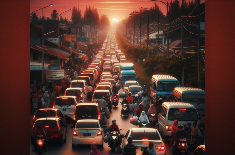 alt_text: Kemacetan di Pasar 5 Marelan saat warga berburu takjil menjelang buka puasa.