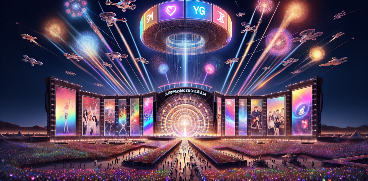 alt_text: Panggung megah festival KPop global bersaing dengan Coachella, menampilkan aliansi artis besar.