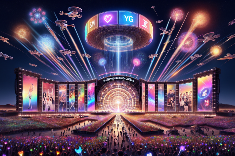 alt_text: Panggung megah festival KPop global bersaing dengan Coachella, menampilkan aliansi artis besar.