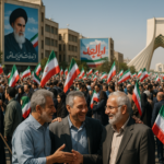 alt_text: Pemandangan kota Teheran dengan latar belakang demonstrasi politik di jalanan.