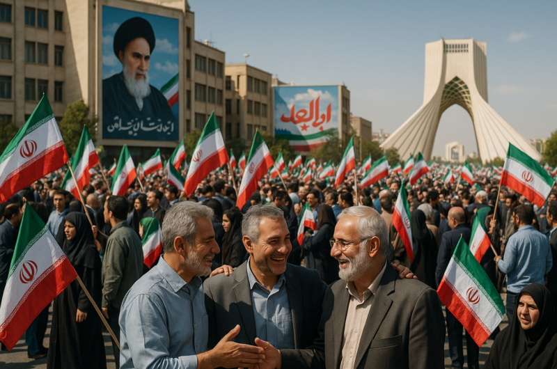 alt_text: Pemandangan kota Teheran dengan latar belakang demonstrasi politik di jalanan.