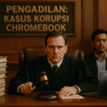 alt_text: Rumah minimalis, Chromebook terbuka, dan poster kampanye melawan korupsi.