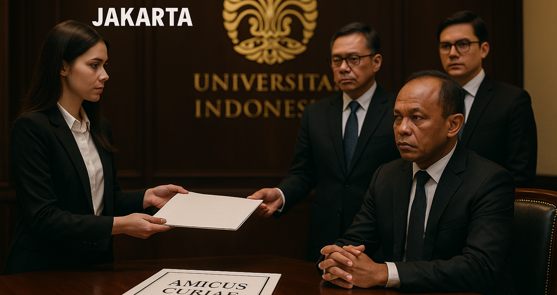 alt_text: Menara Eiffel di antara pohon, tulisan "Akademik UI" terkait berita penolakan disertasi Bahlil.
