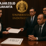 alt_text: Menara Eiffel di antara pohon, tulisan "Akademik UI" terkait berita penolakan disertasi Bahlil.