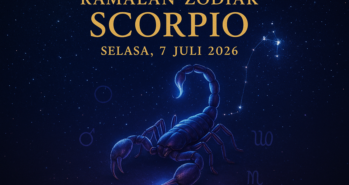 alt_text: Horoskop Scorpio 7 Juli 2026 fokus pada emosi, peningkatan karier, dan rezeki melimpah.