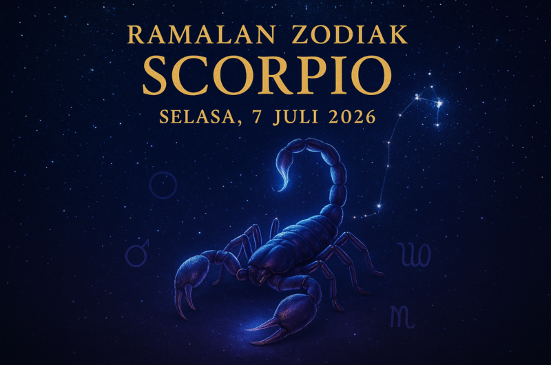 alt_text: Horoskop Scorpio 7 Juli 2026 fokus pada emosi, peningkatan karier, dan rezeki melimpah.