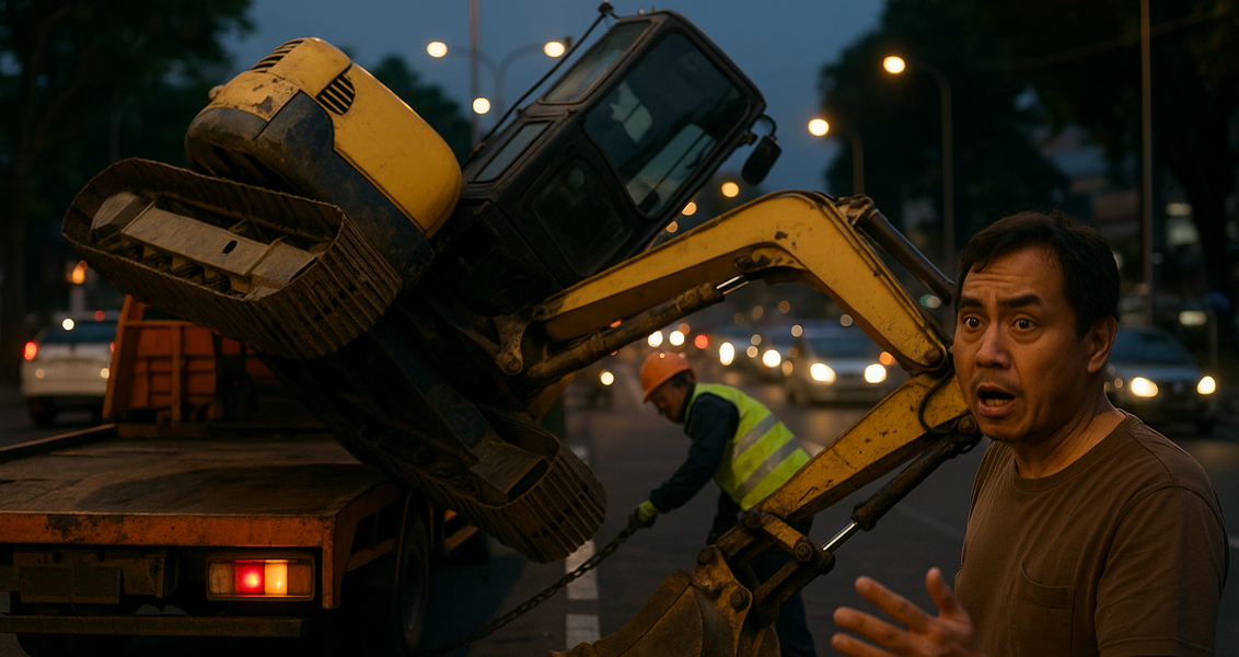Ekskavator terguling di Simpang Surabaya, menyebabkan kemacetan parah di sekitar lokasi.