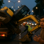 Ekskavator terguling di Simpang Surabaya, menyebabkan kemacetan parah di sekitar lokasi.