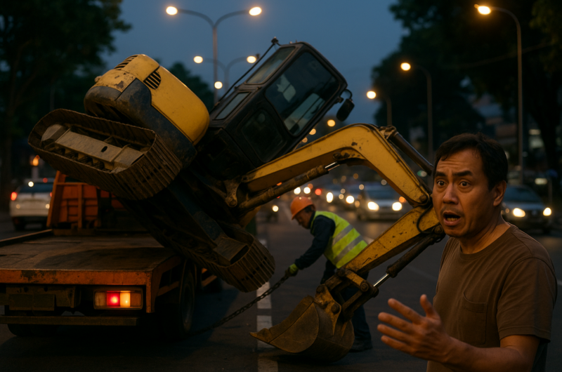 Ekskavator terguling di Simpang Surabaya, menyebabkan kemacetan parah di sekitar lokasi.